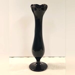 Vtg Black Amethyst Pedestal Glass Bud Vase 8" Floral Tulip Top Depression Glass